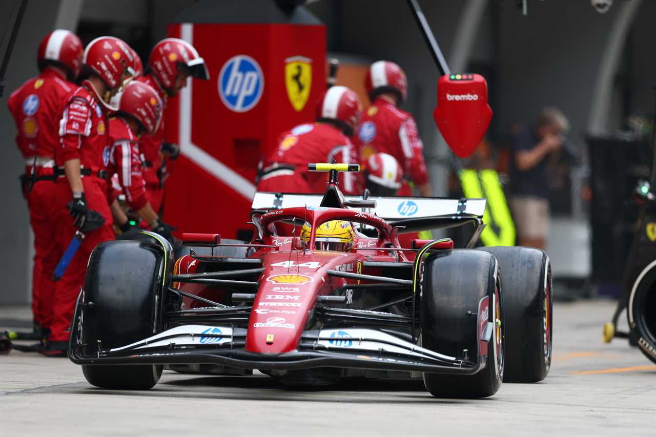 Lewis Hamilton's Ferrari during a pit stop.